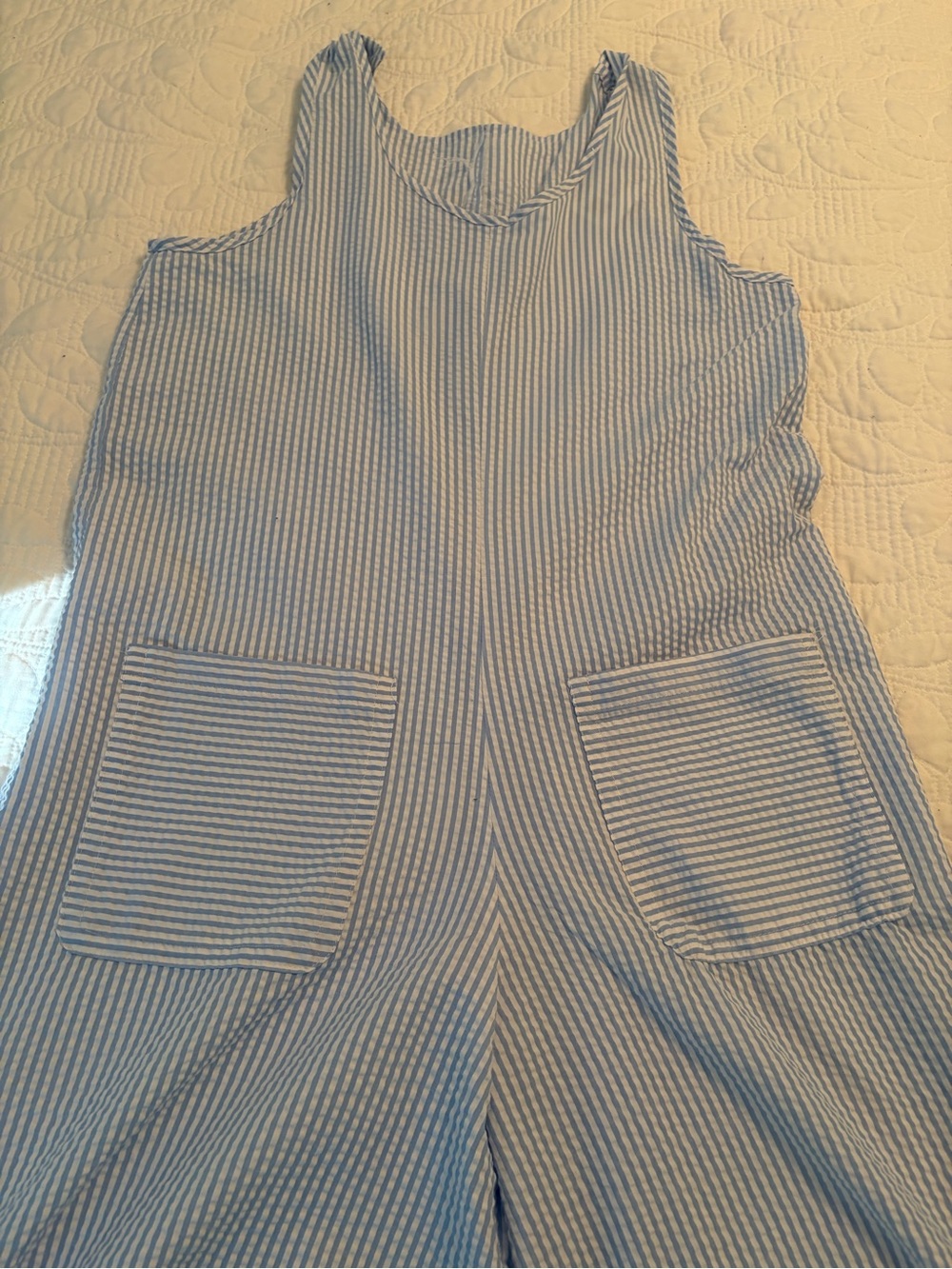 Light Blue and White Striped Sleeveless pant suit / jumper with Front Pockets